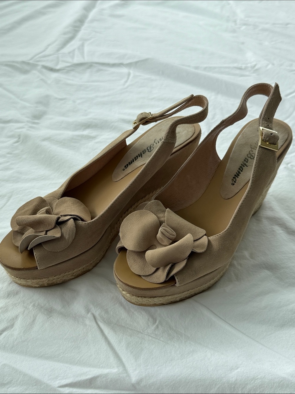 Tommy Bahama Taupe Floral Suede Wedge Slingbacks